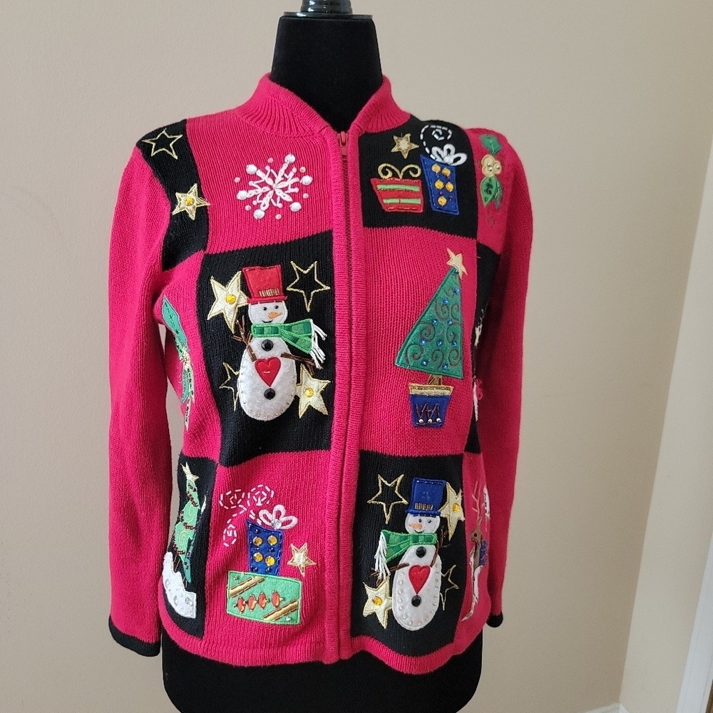 Tiara International Vintage Ugly Zip Up Cardigan  Sweater Size S/M